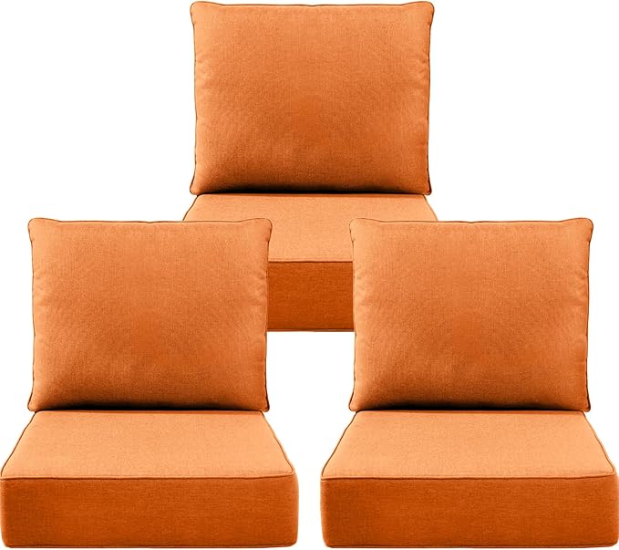 Luxury 6" Outdoor Cushions for Patio Furniture, 24x24x6 Thick Seat Cushion Set of 3, Fade Resistant Couch Chair Replacement Cushions High Density Deep Wicker Chair Cushion w/Removable Cover, Orange