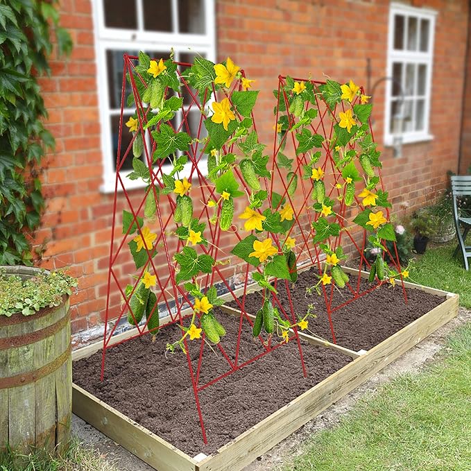 DoCred Red A-Frame Metal Garden Trellis, 2 Pack, PVC-Coated Steel, Perfect for Cucumbers, Squash, Peas, Flowering Vines