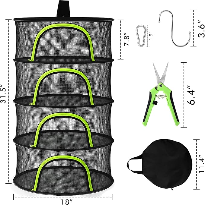 Herb Drying Rack Hanging Mesh 4 Layer 18" with Zipper, Garden Pruning Shear, Hook & Carabiner Clip for Drying Herbs, Plants, Seeds, Buds | Hydroponics & Grow Tents Herb Dryer Hanging Rack