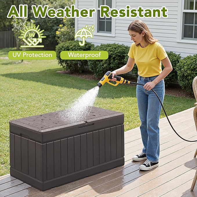 Devoko 78 Gallon Deck Box, Waterproof Resin Outdoor Storage Box for Outside and Patio, Outdoor Storage Bench Lockable for Patio Furniture, Garden Tools and Pool Supplies (Brown, 78 Gallon)