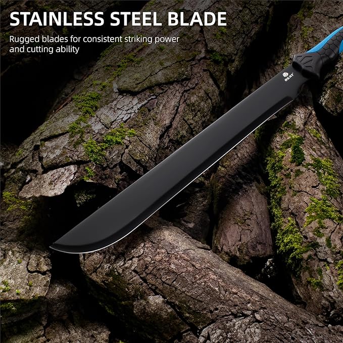 REAT Gardening Heavy Duty Machete,24" Full Tang Machete with Shaeth,Ergonomic No-Slip Handle,Machetes for Bushcraft, Outdoor Hunting, Garden Cutting Trees and Yard Work (Blue)