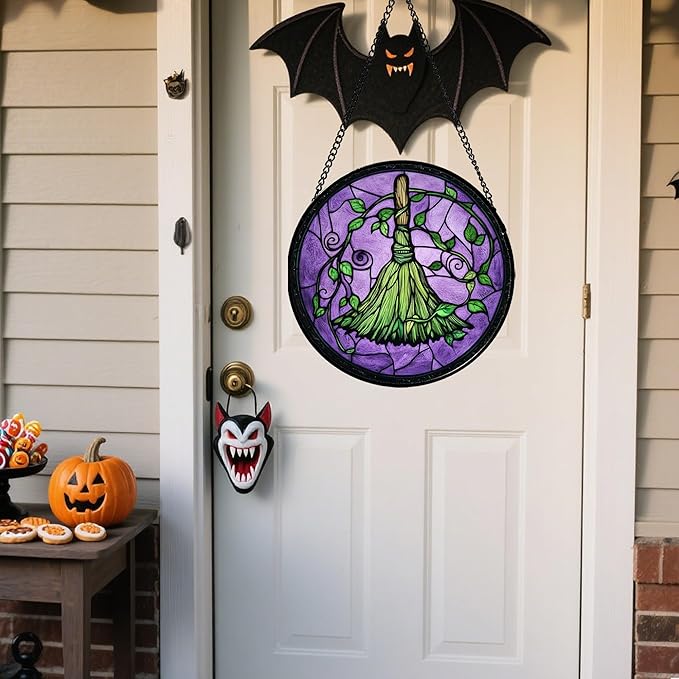 Stained Glass Window Hanging - Halloween Decorations Witch Magic Broom Suncatcher for Doors Garden Indoor Funny Spooky Sun Catchers Gothic Decor Horror Gifts for Women Men Friend 15 in