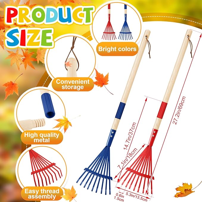 Suclain 2 Pcs Kids Rakes with Hardwood Handle Small Rake Child Size for Gardening Kids Yard Tools Multicolor 28'' Mini Rake for Leaves Lightweight for Children Garden Leaf Tools