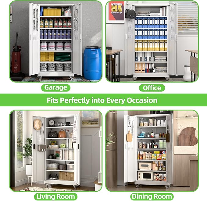 Rolling Tool Storage Cabinet with 5 Adjustable Shelves and Pegboard,Metal Garage Storage Cabinet with Wheels for Garage Home Office Utility Room,Required Assembly, 71" H×32" W×16" D,White