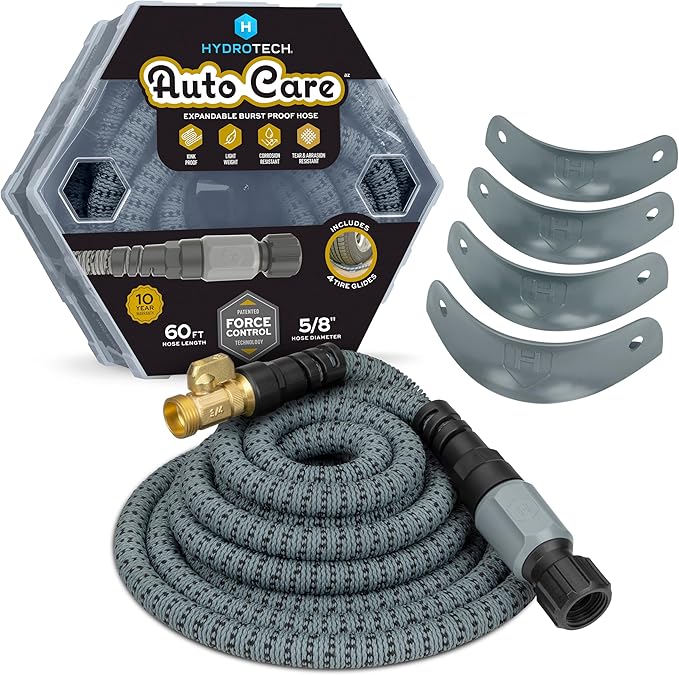 Hydrotech 60 ft Garden Hose – Patented Force Control, Burst-Proof, Lightweight, Flexible, No-Kink Design, 5/8", 4 Tire Hose Guides, Ideal for Car Wash & Automotive Care