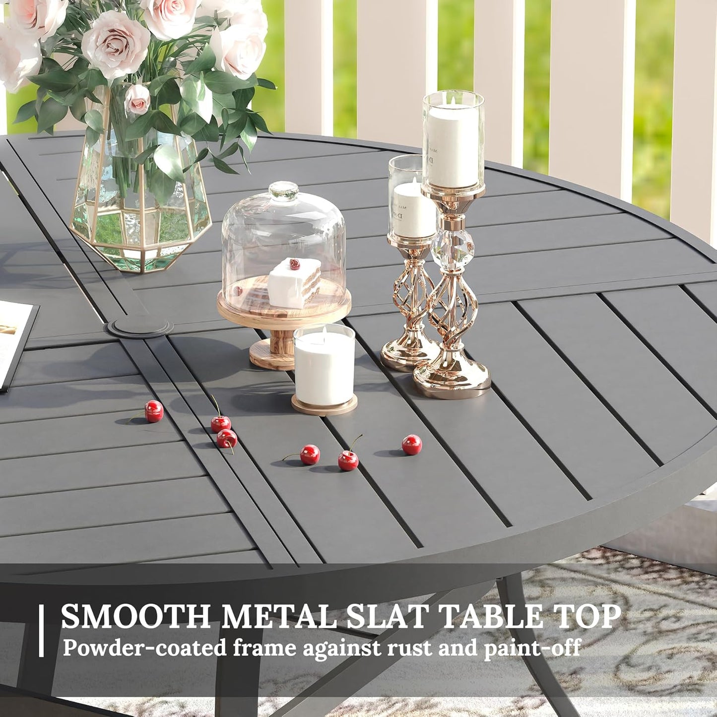 VICLLAX Round Patio Table with Adjustable Umbrella Hole for 8, All Weather Metal Outdoor Dining Table for Lawn Garden, 53.1" Outdoor Coffee Table, Grey Tabletop