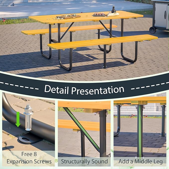 Outdoor Picnic Table with Benches, 6 - Person Picnic Table, Wooden Patio Dining Set, 1.97'' Umbrella Hole, Waterproof and Rounded Corners Design for Backyard, Garden, Park, Restaurant, Picnic, Yellow