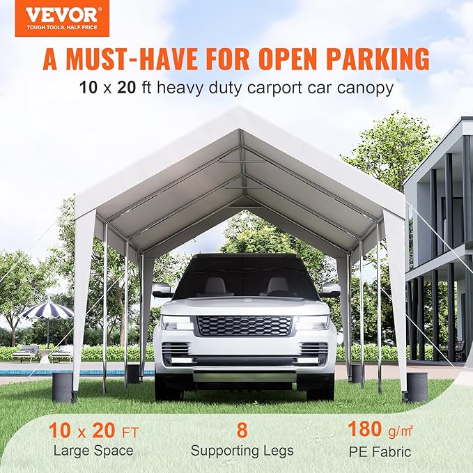 VEVOR Upgraded 10x20 ft Heavy Duty Carport Car Canopy, Car Port Garage Boat Shelter Party Tent with 8 Reinforced Poles and 4 Weight Bags, UV Resistant Waterproof Tarp for SUV, Truck, Boat