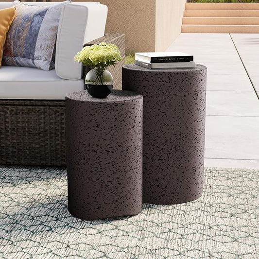 COSIEST Concrete Side Table, Set of 2 Round Outdoor Side Tables, Decorative Garden Stools for Indoor Outdoor, Accent Table Patio Side Table End Table w Spotted, Nesting, Brown