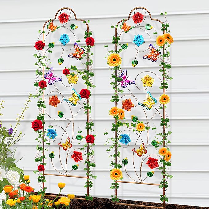 2-Pack Metal-Garden-Trellis Plant-Support-Trellises Outdoor-Decoration Arched-Fence-Trellis - for Climbing Plants Patio Lawn Yard Backyard Wall Brackets 60'' H x 12'' W Colorful Butterfly