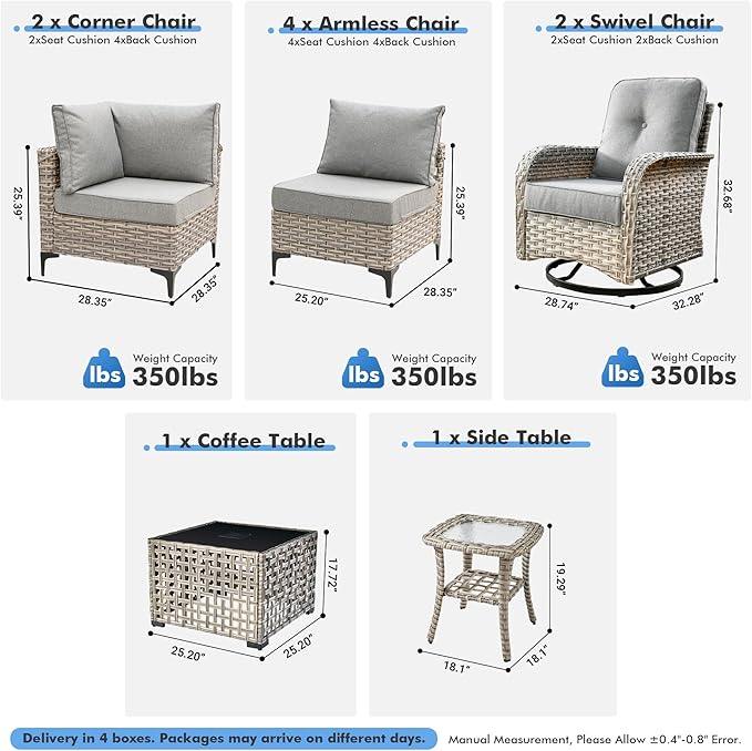 Outdoor Sectional Patio Furniture Set with Swivel Rocking Chairs,10 Pieces Wicker Conversation Sets L Shaped Couch Out Door Sofa Set Outside Furniture for Garden Deck Yard Porch,Dark Grey