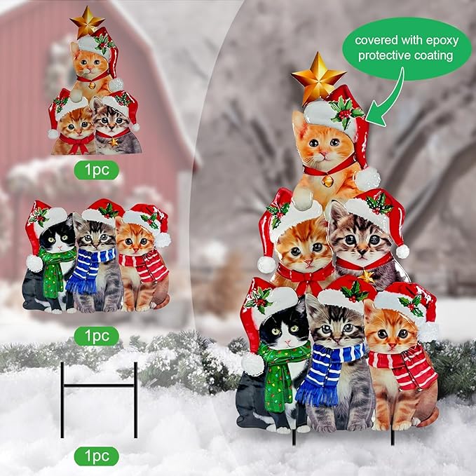 Metal Cats Christmas Tree Yard Sign,Cat Decorations Outdoor,Christmas Lawn Sign,Pet Theme Holiday Decor for Garden,Patio,and Pathway