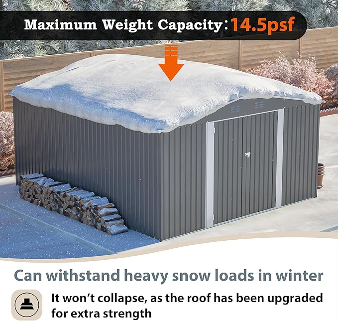 12x14FT Outdoor Storage Shed Metal Shed W/Floor Frame,Garden Tool House W/ 4 Air Vents,Lockable Double Doors & Sloped Roof,for Patio,Lawn,Backyard,Light Gray