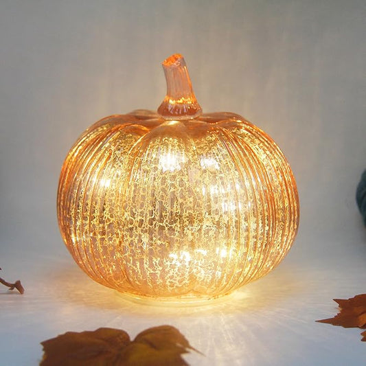 Mercury Glass Pumpkin Lights with Timer, Battery Operated Led Pumpkin Lights for Halloween Fall,Thanksgiving Rustic Decor (Rosegold Fine-Striped, 6")