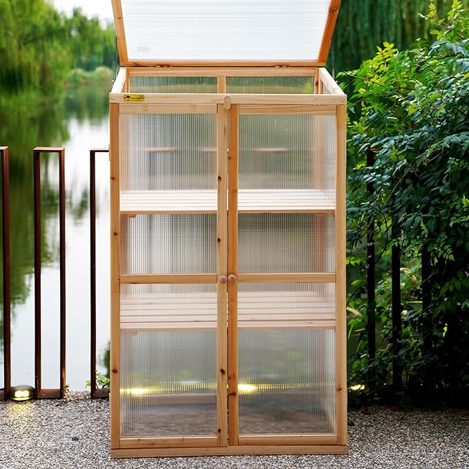 BIGTREE Wooden Green House Mini Greenhouse Indoor/Outdoor Nursery Vented Cold Frame Portable Garden Planter Raised Plants Top Opening Door (27"X19"X47")