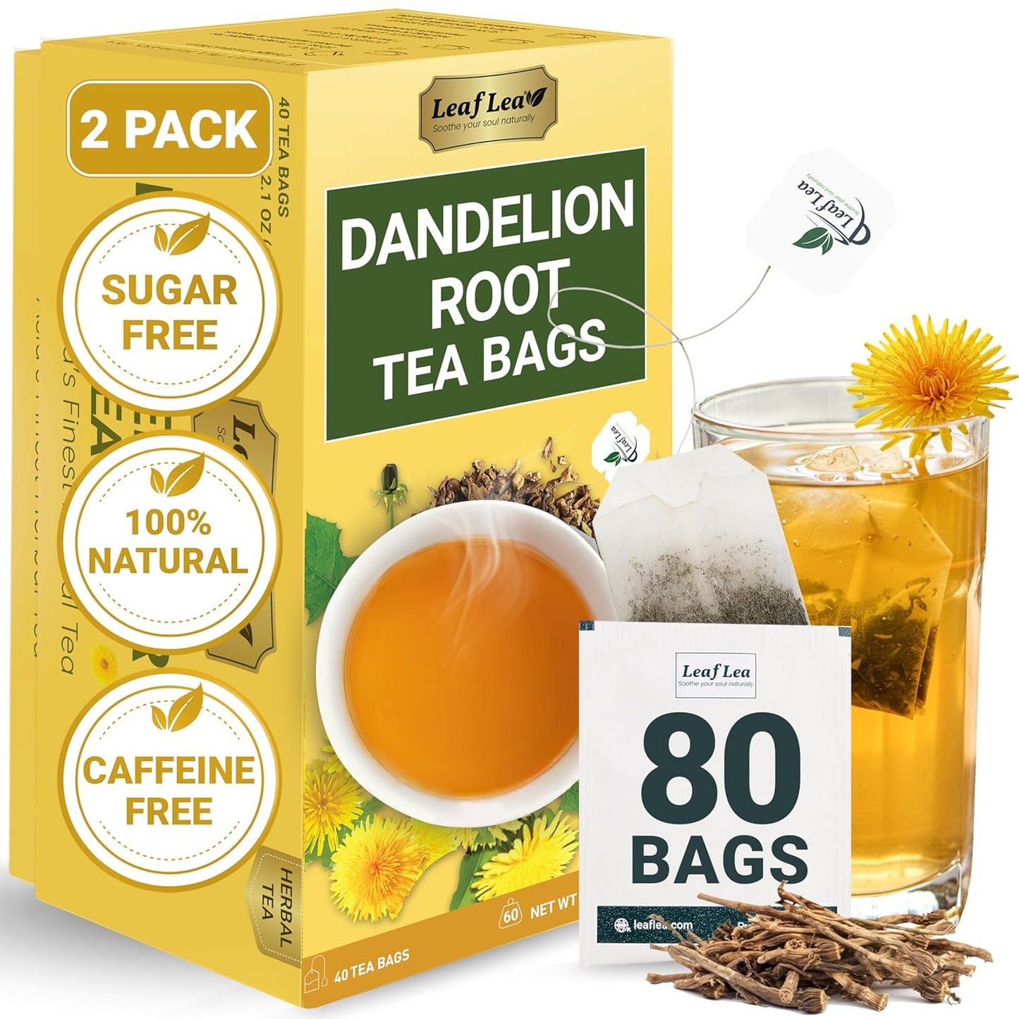 LeafLea 80 Dandelion Tea Bags, All Natural and Pure Dandelion Root Tea, Supports Digestion & Immune Health, Individually Wrapped Tea Bags, Caffeine-Free, Vegan, No Sugar, Gluten-Free, Non-GMO, 2 Pack
