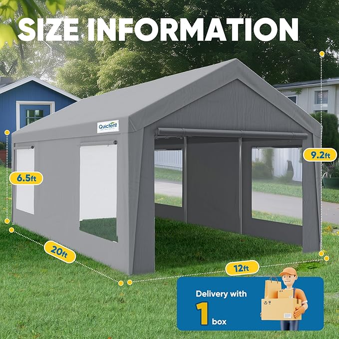 Quictent 12x20 ft Heavy Duty Carport Canopy Galvanized Car Tent Outdoor Garage Boat Shelter with Reinforced Structure with Roll-up Ventilated Windows Sidewall - Gray