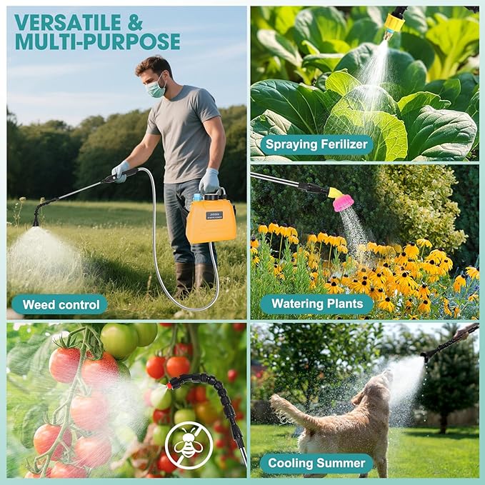 Electric Pump Sprayer - Backpack Garden Sprayer, 4 Mister Nozzles, Retractable Wand, Shoulder Strap - Weed Sprayer for Lawn, Yard Care & Spring Time Planting (Orange)