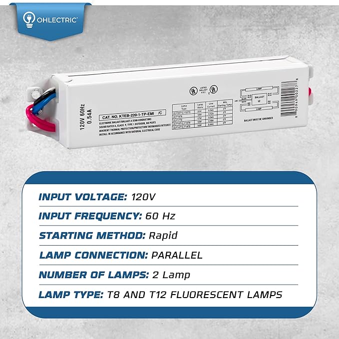 OHLECTRIC Replacement for Keystone KTEB-220-1-TP-EMI 2 Lamp T12 Electronic Fluorescent Ballast | 120V Input with Instant Start Operation | 0.88 Ballast Factor, UL-Approved