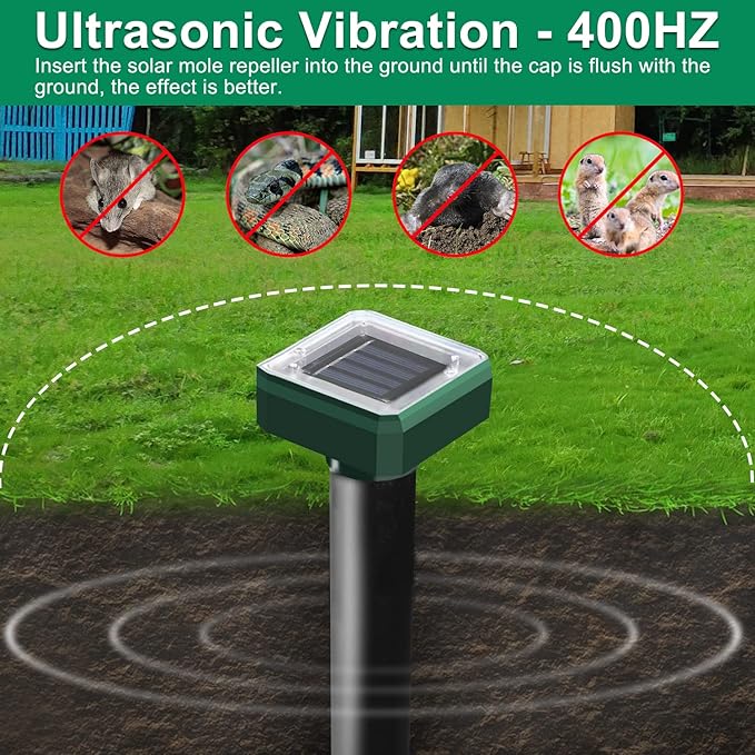 Solar Powered 6 Pack Solar Mole Repellent Ultrasonic for Vole, Snakes, Gopher, Waterproof Sonic Mole Deterrent Spikes,Snake Gopher Vole Repellent for Garden and Yard