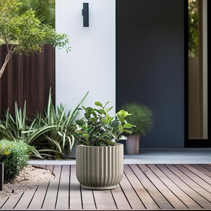Kante Round Fulted Planter, 11 Inch Dia Large Concrete Plant Pots with Drainage Hole and Rubber Plug, Modern Decor for Indoor Outdoor Plants, Flower, Weathered Concrete