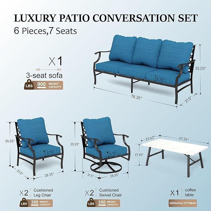 HERA'S HOUSE 6 Piece Patio Furniture Set, 2 x Swivel Chair, 2 x Fixed Chair, 1 x 3-Seat Sofa with Marbling Coffee Table, 7 Seats Outdoor Conversation Set for Lawn Garden Backyard, Pacific Blue