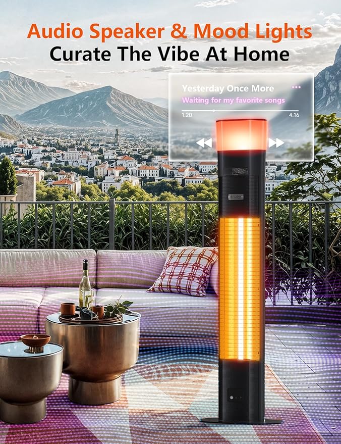 Electric Infrared Patio Heater, Built-in Speaker & 16-color Mood Lights, 43 inch, IP65 Waterproof, 24H Timer, 1500W, Sleek Aluminum Unibody, Creates a Warm & Vibey Atmosphere Outdoor/Indoor