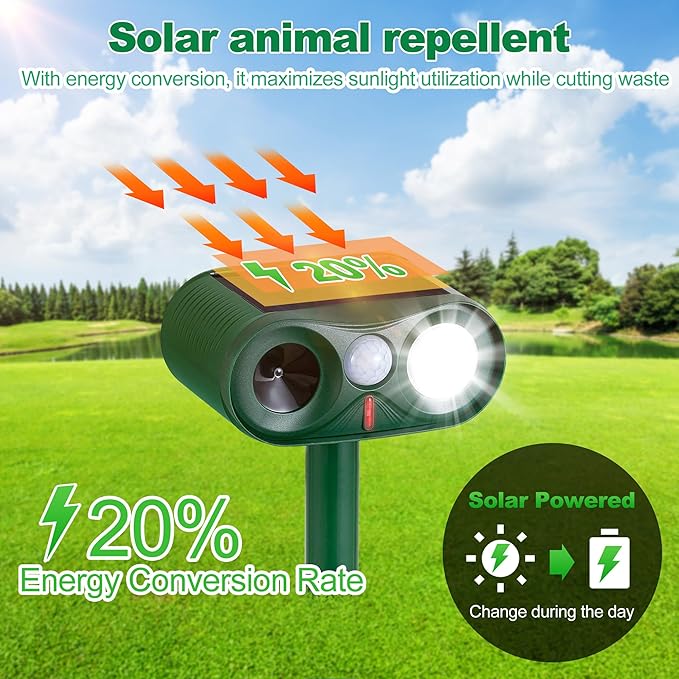 2Pack Solar Ultrasonic Animal Repeller with Strobe Light – for Gardens, Farms and courtyards Outdoor Deterrent for Raccoons, Deer, Squirrels, Cats, Skunks & Foxes