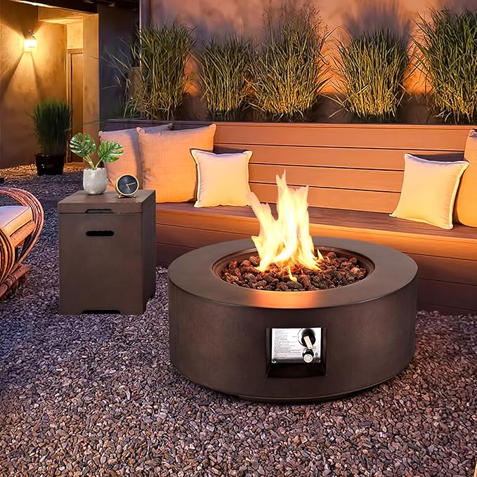 ECOTOUGE 2-Piece Gas Fire Pit, Outdoor Propane Firepit Table Set w/Tank Cover, 30''Auto-Ignition Round Steel Fire Table, 50,000 BTU Concrete fire Pit w/Weather-Resistant Pit Cover, Lava Rocks, Brown