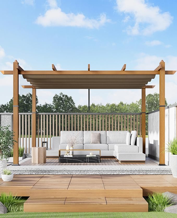 10x13 Ft Outdoor Retractable Pergola with Adjustable Roof Modern Metal Patio Gazebo, Upgraded Faux Wood Grain Aluminum Pergola for Deck, Backyard Gardens, Porches, Grapevines, Khaki