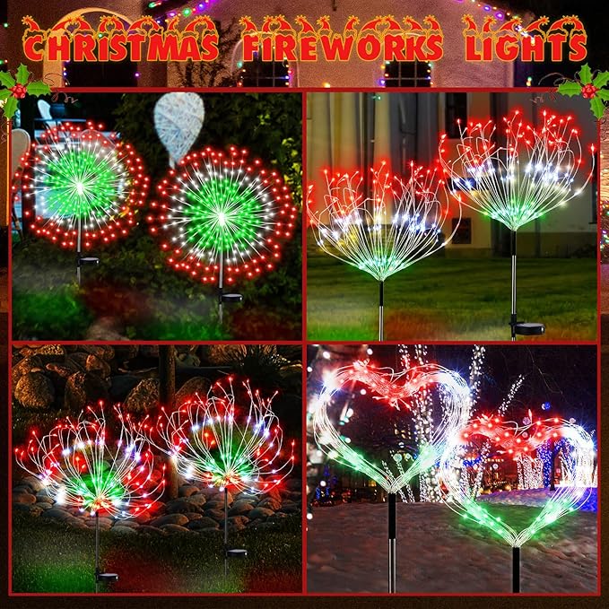 4 Pcs Christmas Solar Firework Stake Lights 180 LED 8 Modes Christmas Solar Lights Waterproof LED Sparkler Lights Outdoor Decoration for Xmas Holiday Garden Patio Yard Pathway Walkway
