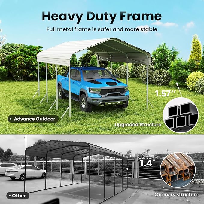 10x15' Heavy Duty Metal Carport – Sturdy Structure, All-Weather Protection, Easy Assembly for Cars, Trucks, Boats, Tractors, and Outdoor Storage (White, 10x15FT)