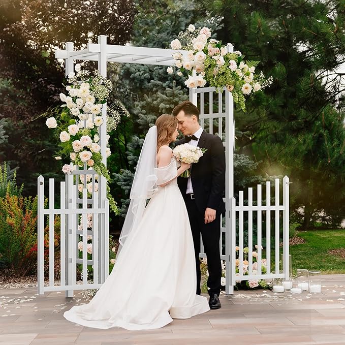 VINGLI Garden Arbor with Gate, PVC Wedding Arch for Ceremony Party, Garden Trellis for Climbing Plants Outdoor, Arch Backdrop Stand for Garden, Backyard, Lawn, Wedding