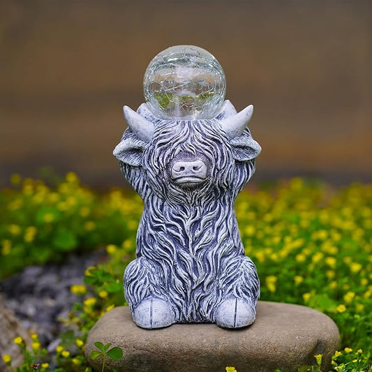 Goodeco Highland Cow with Solar Gazing Ball Lights – 8.2 Inch Garden Statue for Home & Outdoor Decor, Highland Cow Gifts for Yard & Patio (Gray)