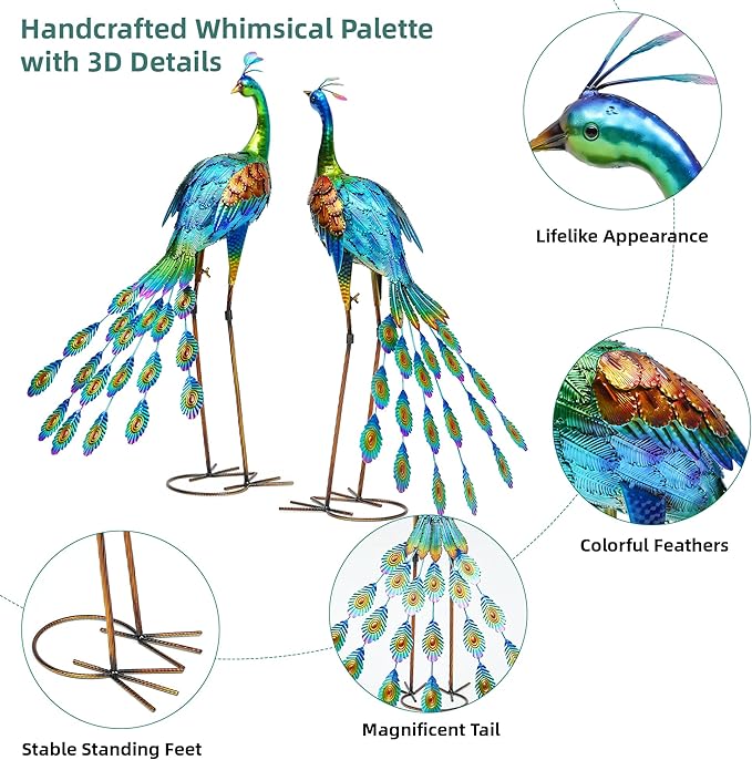 32" Metal Peacock Yard Decor - Handmade Oversize Peacock Sculptures with Stable Ground Stakes, Backyard Decoration, Metal Garden Art.