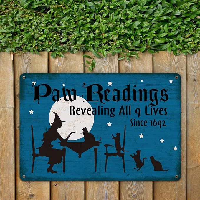 Halloween Decor Paw Readings 9 Lives Black Cats Withces Goth Decor Metal Sign Vintage Tin Sign Party Decoration 8X12 Inch