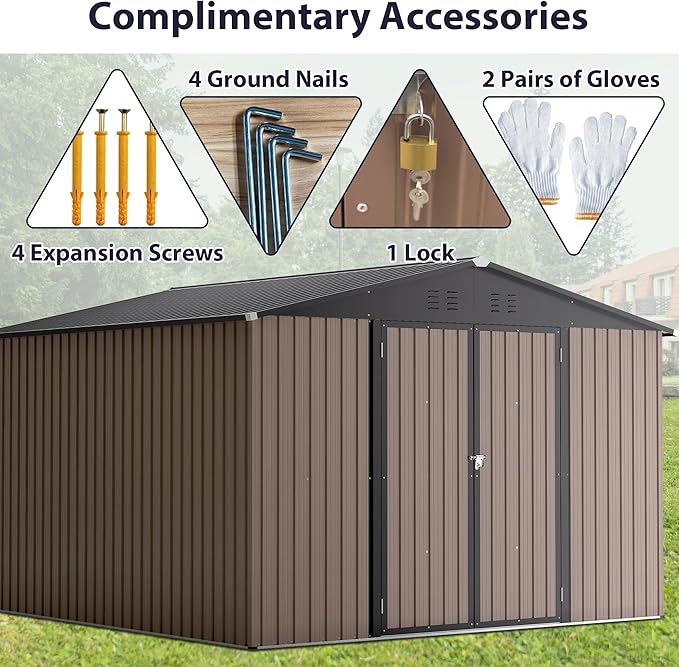 Outdoor Storage Shed, 10x10 FT Galvanized Steel Metal Shed, Lockable Waterproof Tool Storage Sheds for Garden, Patio, Lawn – Durable Storage Solution in Multiple Sizes