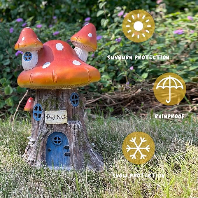 COWOS Mushroom House Sculptures, Collection of Resin Garden Sculptures, Resin Fairy House Statue, Solar Fairy Garden Figurine with Warm White Light Mushroom for Outdoor, Lawn, Yard Decoration