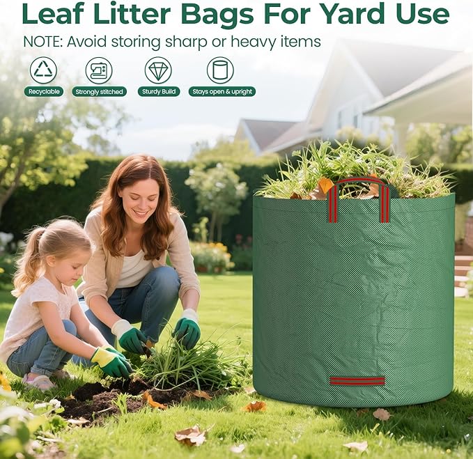 EsLuker.ly 6 Pack Garden Lawn Leaf Waste Bags, 71 Gallons Reusable Yard Litter Bag with 2 Pairs Gardening Gloves, Heavy Duty Trash Containers with Handles for Outdoor Cleanup, Ideal for Homeowners