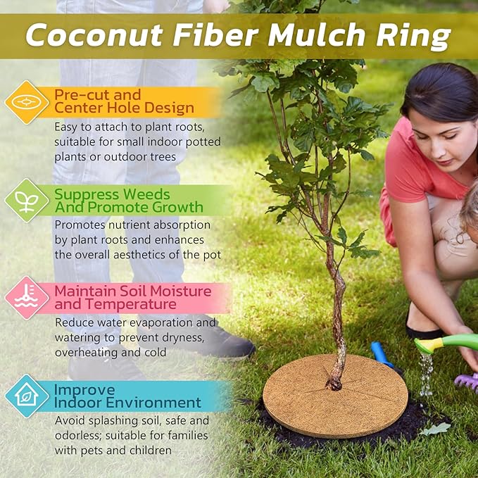 Legigo 4pcs Coconut Fiber Mulch Ring Tree Plant Protector Mat, 11.8 Inch Natural Coco Coir Tree Protection Ring Plant Pot Soil Cover, Tree Rings Disc Plant Cover for Indoor Outdoor Plants, Landscaping