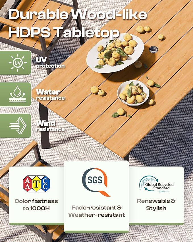 Outdoor Dining Set for 4, Patio Table and Chairs Set with Umbrella Hole, 5 Pieces HDPS Outdoor Furniture Sets for Garden, Backyard (Gray & Teak)