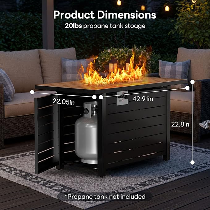 43 Inch Propane Fire Pit Table, 3-in-1 Multi-Use 50,000 BTU Square Gas Fire Pit with Lid & Blue Glass Stones, Steel Tabletop, Adjustable Flame, for Patio, Backyard, Deck, Outdoor Gatherings