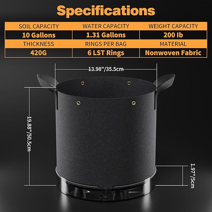 Self-Watering Grow Bags, 5-Pack 10 Gallon 420G Thick Nonwoven Fabric Pots with Reinforced Handles and Multi-Purpose Rings, for Low Stress Plant Training Fruits, Vegetables,and Flowers