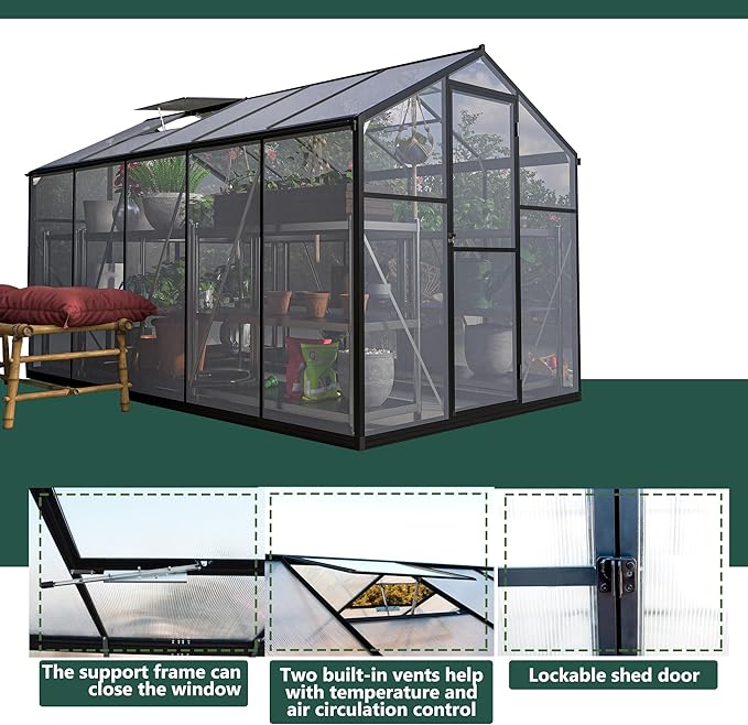 6x10 FT Greenhouses for Outdoors,Heavy Duty Polycarbonate Greenhouse,Lockable Walk-in Green House Sunroom w/ Roof Vent,Aluminum Hot House for Garden Plants Backyard Patio,Black