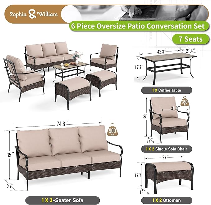 Sophia & William Metal Patio Furniture Set, Outdoor Conversation Set 7 Seats with 3-Seater Sofa, 2 Sofal Chairs, 2 Ottoman,1 Coffee Table for Seating Lawn Porch Backyard,Beige