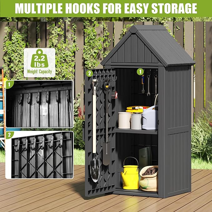 Upgraded Outdoor Resin Storage Shed with Removable Shelves, Lock Ring & Reinforced Floor - All-Weather Garden, Patio Cabinet (Black)