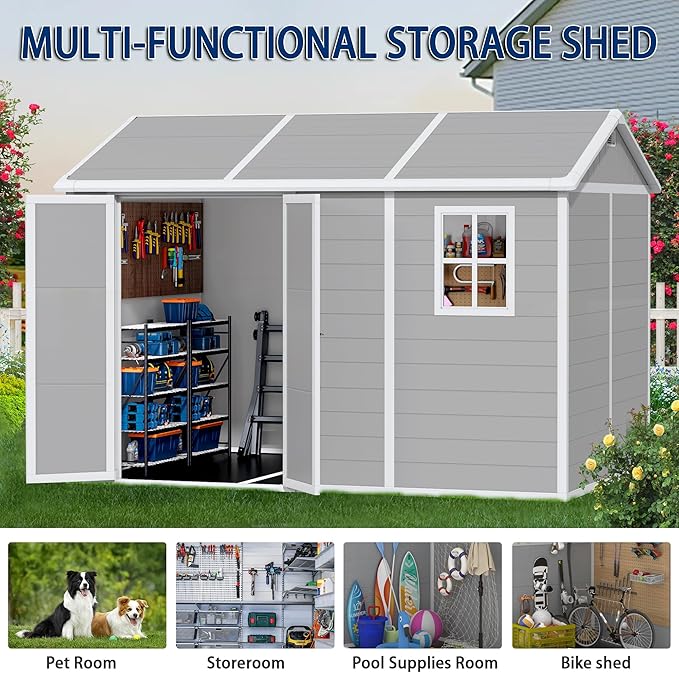 10x8 FT Resin Outdoor Storage Shed with Floor, Weather-Resistant Plastic Garden Shed with Windows, Lockable Door and Vents, Outside Tool Storage Sheds for Backyard, Garden, Patio, Lawn, Grey