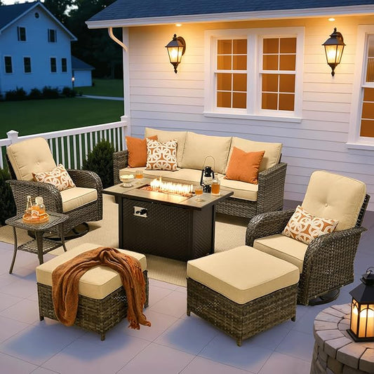 ovios 7 Pieces Patio Furniture Set, Outdoor Wicker Sofa Couch with Rocking Swivel Chairs Fire Pit Table, Modern Deep Seat Rattan Conversation Sets for Porch Deck, Beige