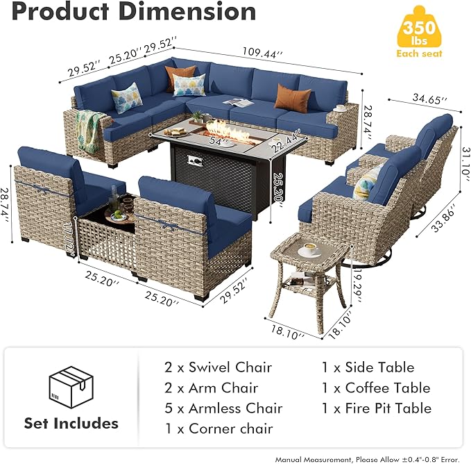 HOOOWOOO Outdoor Sectional Patio Furniture Set with Fire Pit Table,13 Pieces Wicker Conversation Sets L Shaped Couch,Extra Deep Out Door Sofa Outside Furniture with Swivel Chairs,Denim Blue
