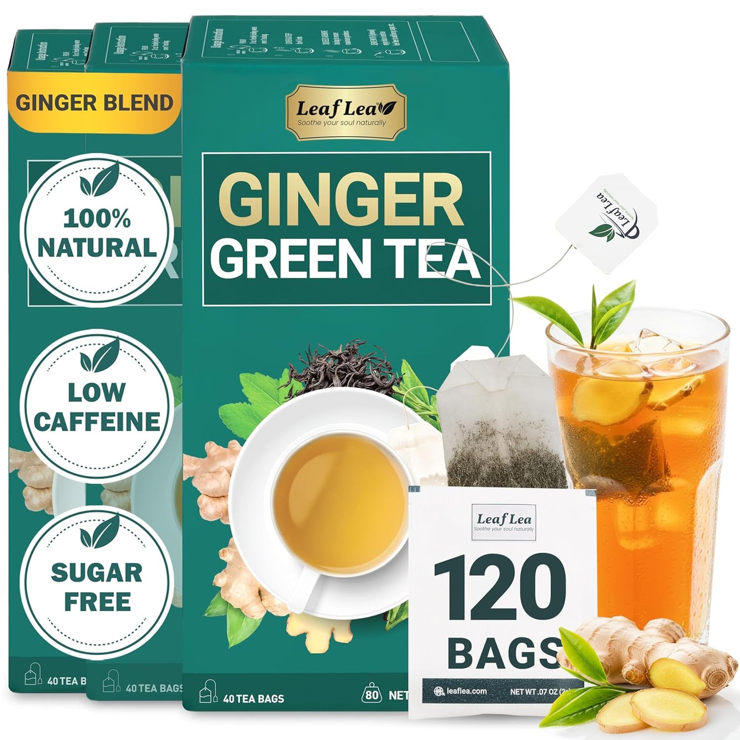 LeafLea Ginger Green Tea, 120 Tea Bags, Premium Green Tea Blend with Pure Ginger Root, Supports Digestive Wellness, Natural Flavor, Low Caffeine, Sugar-Free